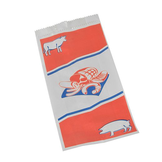 Fleischerbeutel, Kraftpapier, gefädelt 28 x 14 x 6 cm weiss mit Druck, klein 1