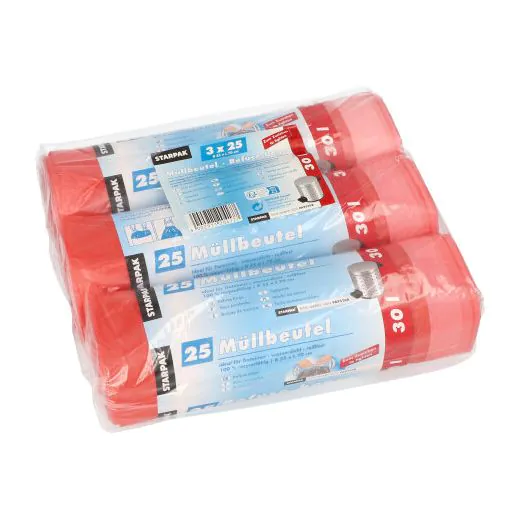Müllbeutel zum Zuziehen, 30 l, rot, H 70 x B 55 cm - Bild 1 Müllbeutel zum Zuziehen, 30 l, rot, H 70 x B 55 cm - Bild 1