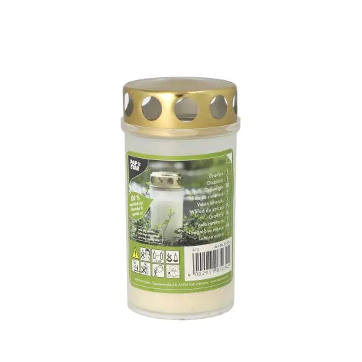 Öllichter T3, 100 % Pflanzenfett Ø 6,5 cm · 12,5 cm weiss transparente Hülle, mit Golddeckel - Bild 1