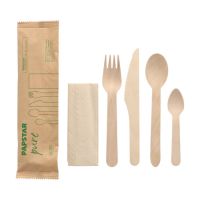 Bestecksets aus Holz "pure" : Messer, Gabel, Löffel, Kaffeelöffel, Serviette in Papierbeutel