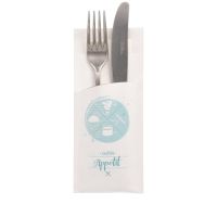 Bestecktaschen "Guten Appetit", 20 x 8,5 cm, weiss, inkl. weißer Serviette 33 x 33 cm 2-lag.