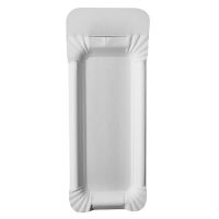 Pappteller eckig "pure", 8 x 21 cm weiss, mit abtrennbarem Anfasser