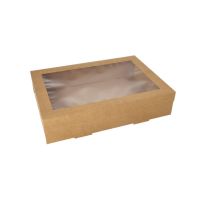 Transport- und Catering-Kartons, Pappe eckig 25,2 x 35,9 cm braun mit separatem Deckel und Sichtfenster aus PET