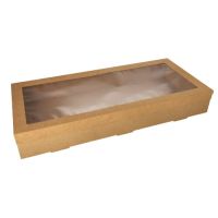 Transport- und Catering-Kartons, Pappe eckig 25,2 x 55,8 cm braun mit separatem Deckel und Sichtfenster aus PET