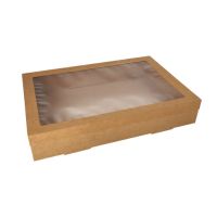 Transport- und Catering-Kartons, Pappe eckig 31 x 45 cm braun mit separatem Deckel und Sichtfenster aus PET